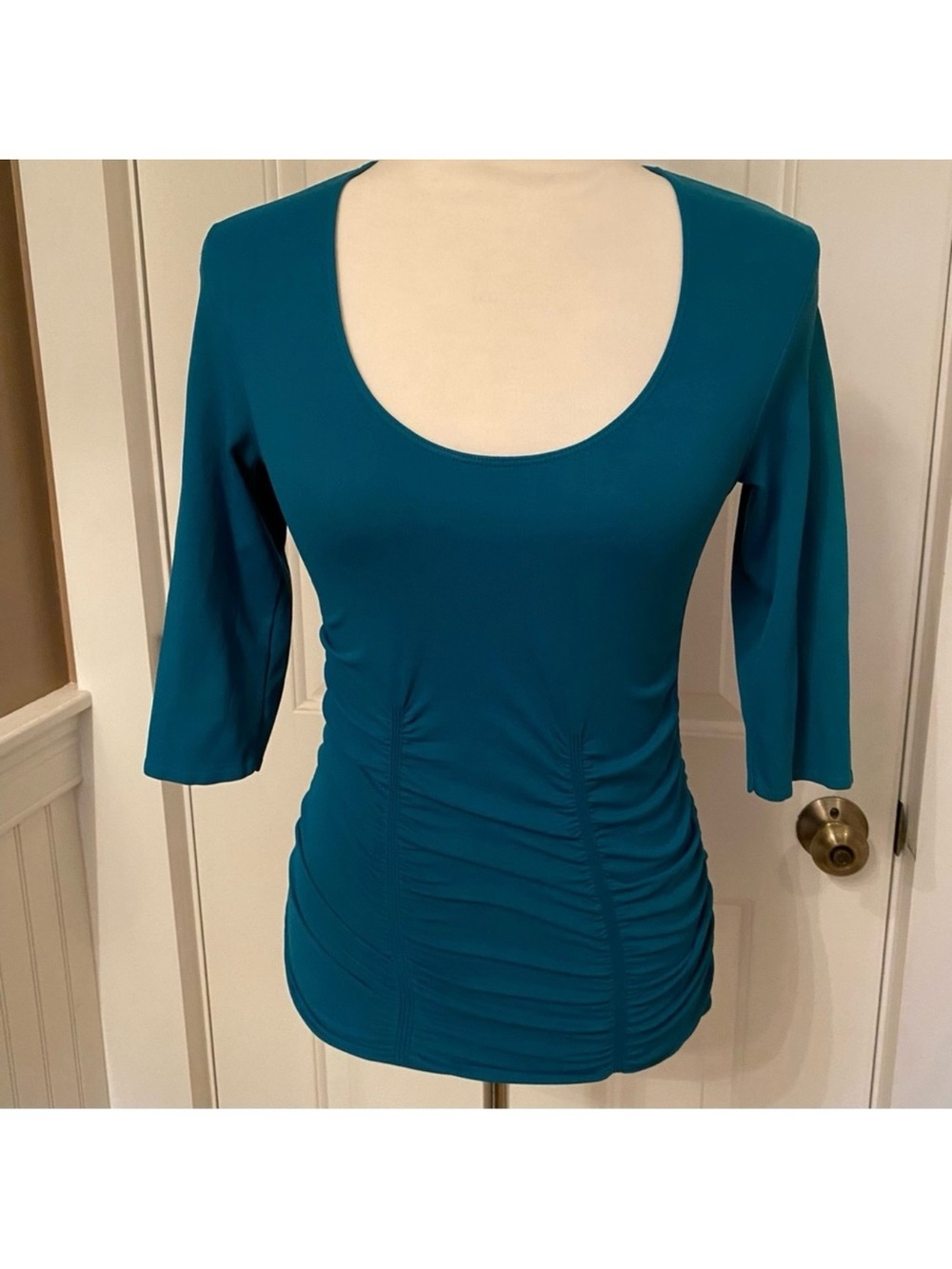 LAST TANGO TOP BLUE SCOOP NECK 3/4 SLEEVE STRETCH RUCHED BODYCON SIZE S/M USA